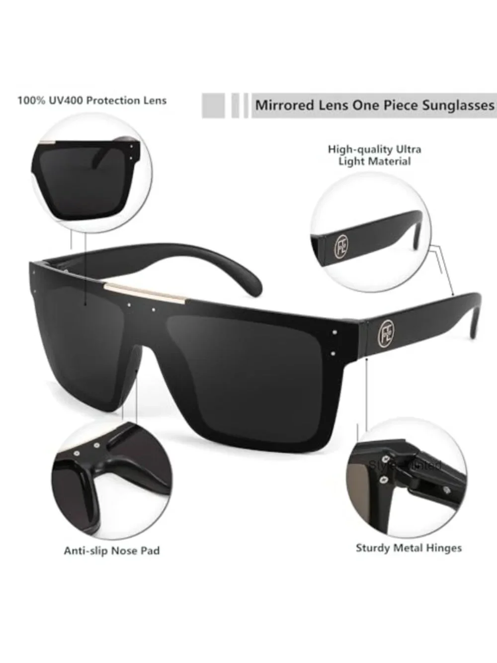 Oversized Square Flat Mirrored Sunglasses, Polarized UV400 Lens, Fishing Driving